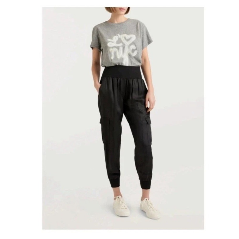 5a7 cinq a sept "Giles" Black Satin Joggers Size M Cargo Elastic Waist Women's